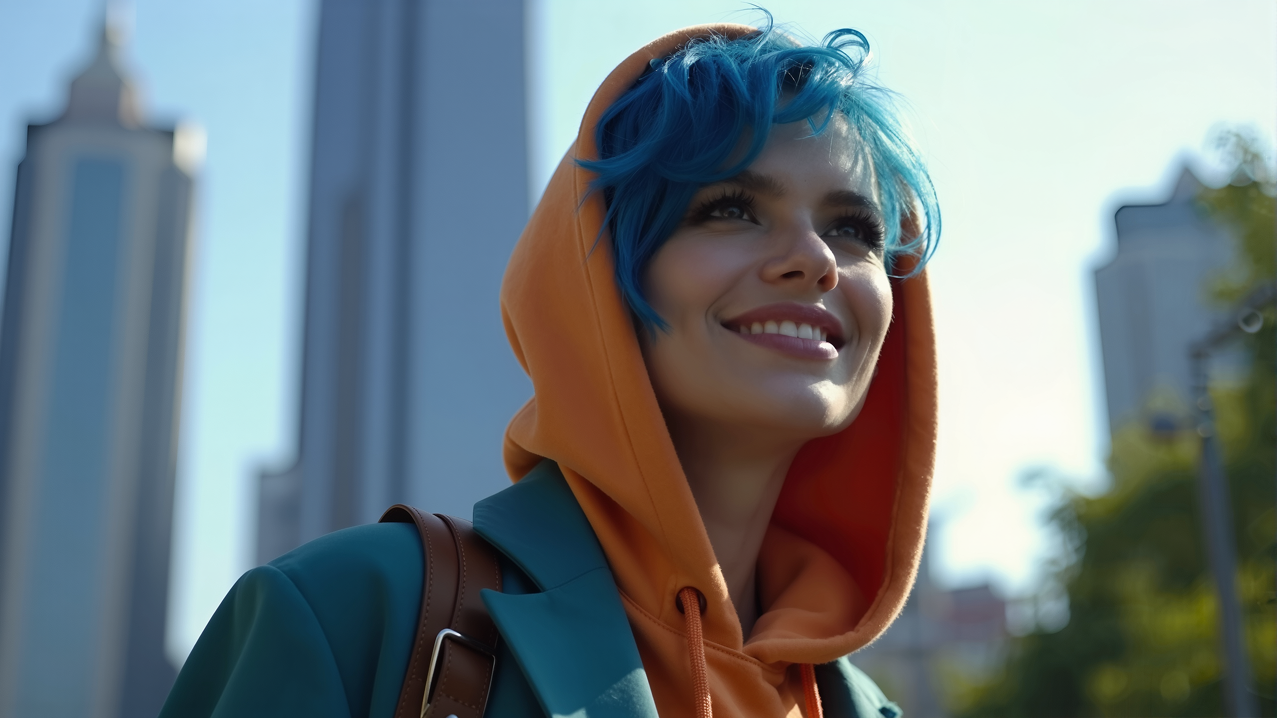 Mulher sorrindo, de capuz laranja, em ambiente urbano